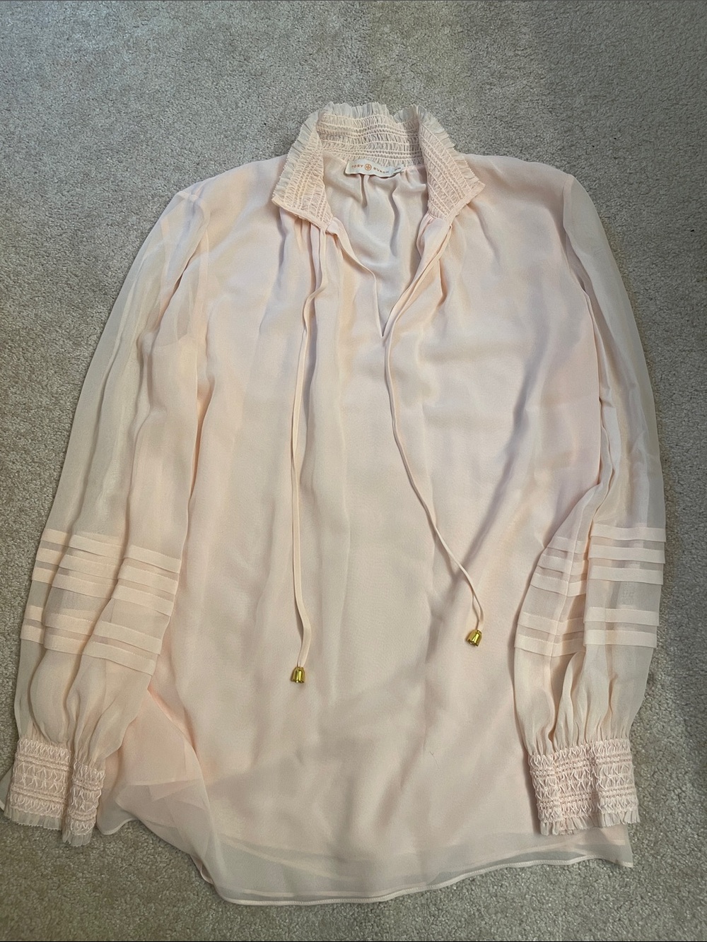 Gorgeous Tory Burch Pale Pink 100% silk Sheer Tie-Neck Blouse